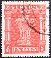 INDIA - CIRCA 1950: A stamp printed in India, shows Lion Capital of Asoka National Emblem of India , circa 1950 - obrazy, fototapety, plakaty