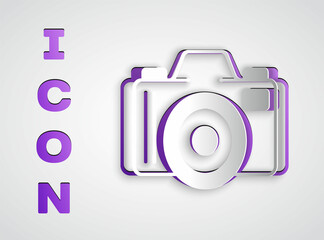 Paper cut Photo camera icon isolated on grey background. Foto camera. Digital photography. Paper art style. Vector