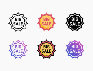 Big Sale Badge icon set with different styles. Style line, outline, flat, glyph, color, gradient. Editable stroke and pixel perfect.