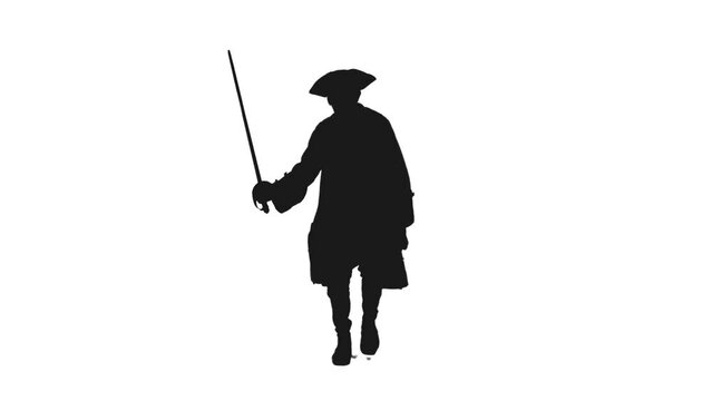 Black and white silouette of 18th century infantry officer going on attack with smallsword, Full HD footage with alpha transparency channel isolated on white background