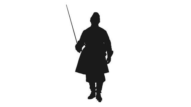 Black and white silhouette of 18th century foot soldier going on attack with smallsword, Full HD footage with alpha transparency channel isolated on white background