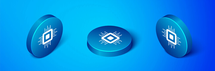 Isometric Computer processor with microcircuits CPU icon isolated on blue background. Chip or cpu with circuit board. Micro processor. Blue circle button. Vector