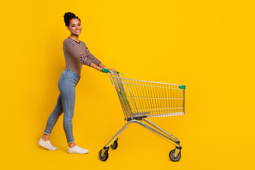 Full body profile photo of attractive positive girl walk push trolley isolated on yellow color...