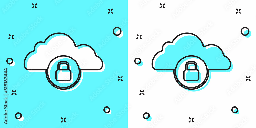 Poster black line cloud computing lock icon isolated on green and white background. security, safety, prote