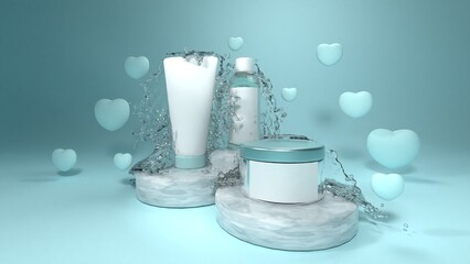 White cosmetic tube on the marble surface with hearts shapes and water splash, mock-up bottle for branding and label, 3D Rendering