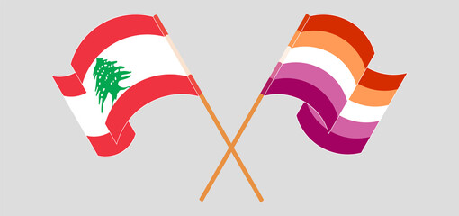 Crossed and waving flags of the Lebanon and Lesbian Pride - obrazy, fototapety, plakaty