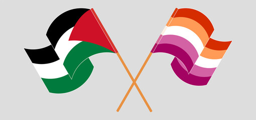 Crossed and waving flags of Palestine and Lesbian Pride