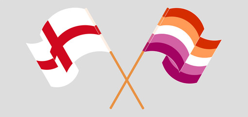 Crossed and waving flags of England and Lesbian Pride