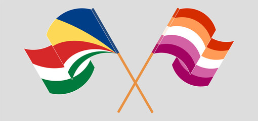 Crossed and waving flags of Seychelles and Lesbian Pride