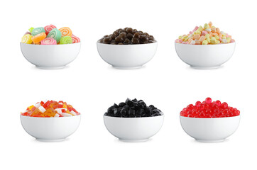 Variety of popular bubble milk tea toppings and ingredients isolated on white background