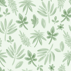 Beautiful seamless summer botanical watercolor pattern with green exotic leaves