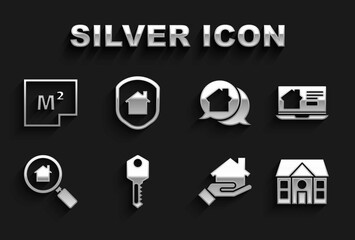 Set House key, Online real estate house, Realtor, Search, message, plan and under protection icon. Vector
