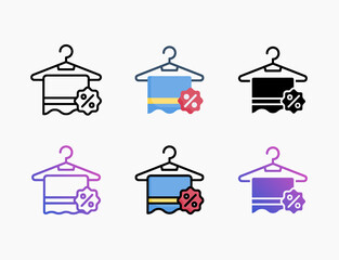 Towel Discount Hanger icon set with different styles. Style line, outline, flat, glyph, color, gradient. Editable stroke and pixel perfect.