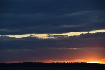 Pink sunset in the evening on a dark forest and clouds