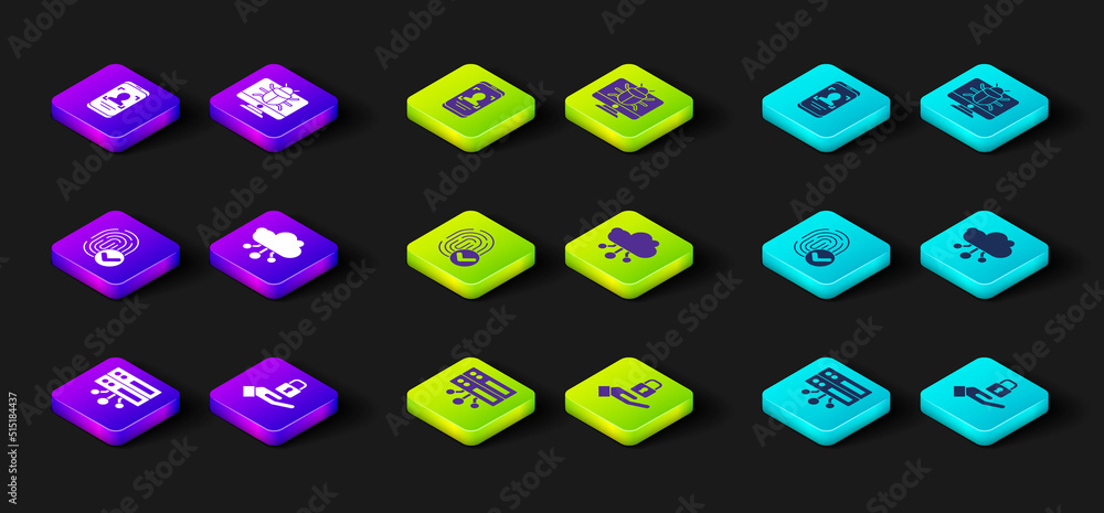 Poster set server, data, web hosting, lock hand, fingerprint, internet of things, system bug on monitor and
