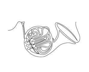 Continuous line art of french horn. One line drawing abstract french horn, music instrument. - obrazy, fototapety, plakaty