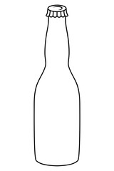The beer bottle is closed with a metal cap. Sketch. The glass container with the drink is closed with a crown cork. Vector illustration. Container with soda. Outline on isolated background. 