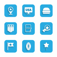 Set USA on graphic tablet, American Football ball, Balloon, Independence day, flag, Shield with stars, Burger and icon. Vector