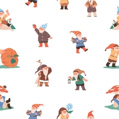 Garden gnomes, dwarfs pattern. Seamless background with cute happy elfs, fall pumpkins. Texture design with repeating fairytale print. Childish colored flat graphic vector illustration for decoration