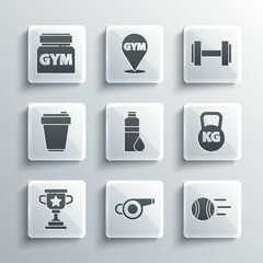 Set Whistle, Tennis ball, Kettlebell, Fitness shaker, Award cup, Sports nutrition and Dumbbell icon. Vector