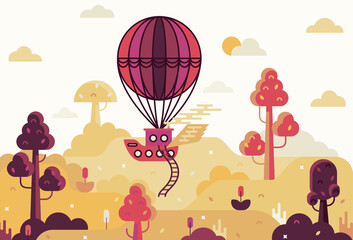 Fairy tale airship, vector cartoon illustration in flat stile