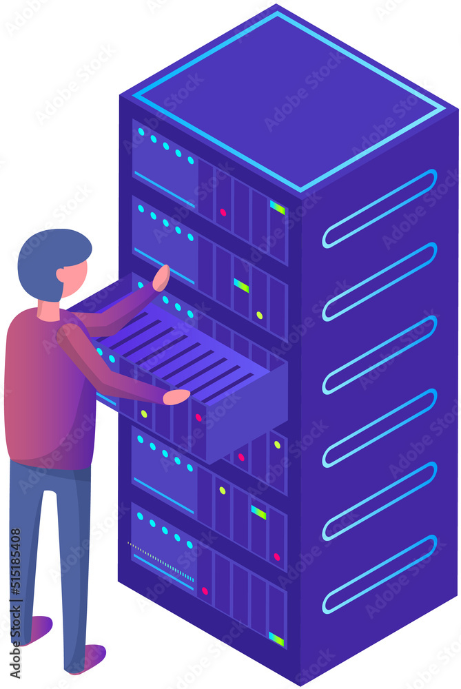 Poster database center info storage, datacenter with modern innovation and systems station. man working wit