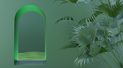 green arch window on the wall., Podium, Product display, Backdrop, 3D Rendering.