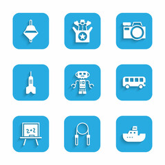 Set Robot toy, Jump rope, Toy boat, Bus, Chalkboard, Dart arrow, Photo camera and Whirligig icon. Vector