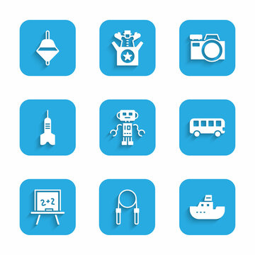 Set Robot toy, Jump rope, Toy boat, Bus, Chalkboard, Dart arrow, Photo camera and Whirligig icon. Vector