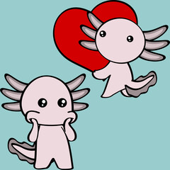 chibi little baby axolotl cartoon holding valentine red heart illustration pack in vector format
