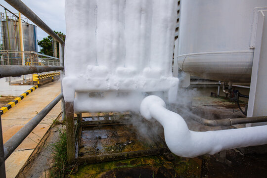 Frozen liquid nitrogen tank carrying pipes