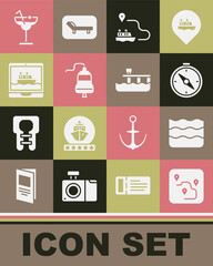 Set Route location, Wave, Compass, Ship line path, bell, Cruise ship, Cocktail and Beach pier dock icon. Vector