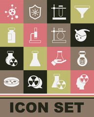 Set Head and radiation symbol, Poison in bottle, Test tube flask, stand, Microscope, Molecule and icon. Vector