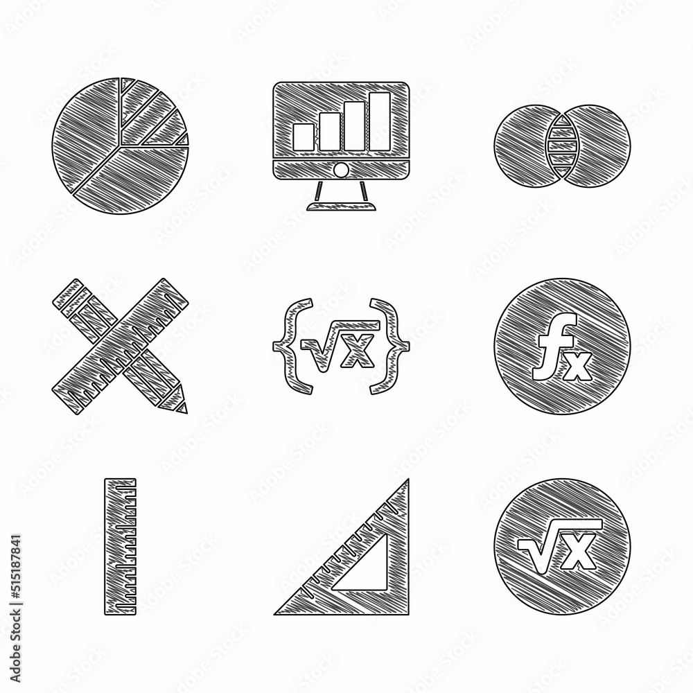 Poster set square root of x glyph, triangular ruler, function mathematical symbol, ruler, crossed and penci