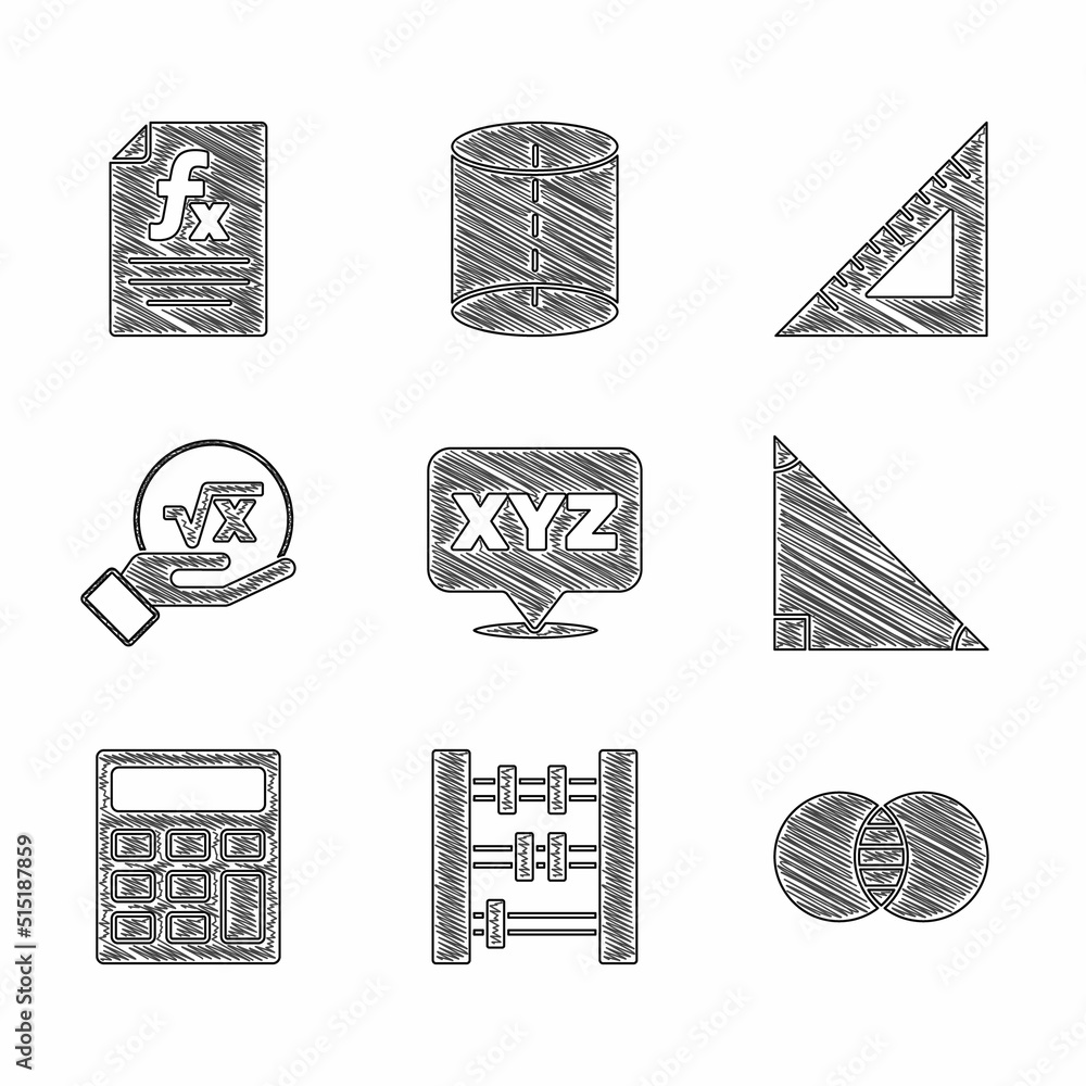 Poster set xyz coordinate system, abacus, mathematics sets and b, triangle math, calculator, square root of