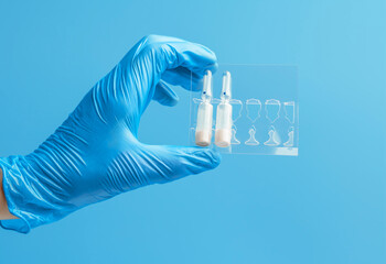 Medical glove. Ampoules with a white liquid in the hand in a blue medical glove. Isolated on a blue background.