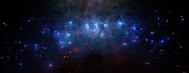 background of abstract black and blue glitter lights with fireworks. defocused