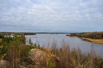 Autumn day. Straw grass. Trees and Bay. Protective Bay. Gulf of Finland. Vyborg.