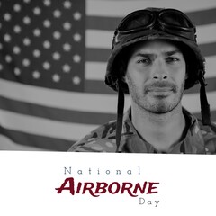 National airborne day text banner and caucasian male soldier in uniform against american flag