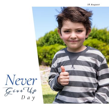 Caucasian boy showing thumbs up and never give up day text banner against white background