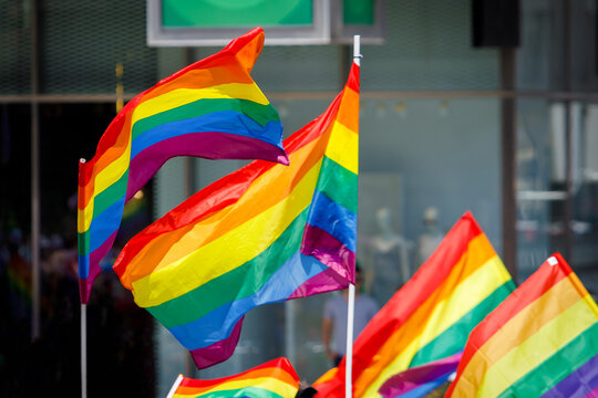 Many waving LGBT gay pride flags at a solidarity march.