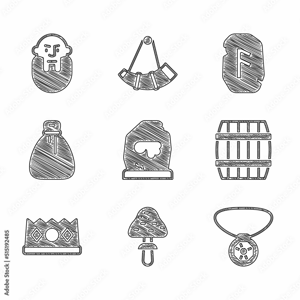 Canvas Prints set magic rune, mushroom, necklace with gem, wooden barrel, king crown, old money bag, and viking he