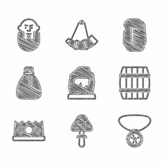 Fototapeta na wymiar Set Magic rune, Mushroom, Necklace with gem, Wooden barrel, King crown, Old money bag, and Viking head icon. Vector