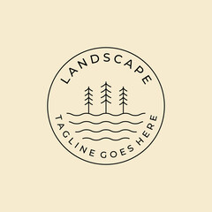 landscape pine line art badge logo template design