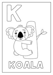 Learning English alphabet for kids. Letter K. Cute koala on tree.