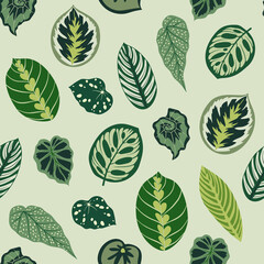 Seamless pattern with green leaves. Hand drawn vector background. Texture for print, textile, fabric, packaging.