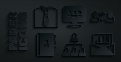 Set Employee hierarchy, Exchange work, Resume, Search job, Project team base and Tie icon. Vector