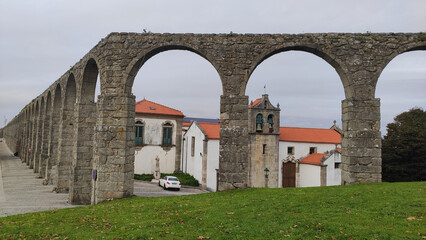 Vila do Conde, Portugal, October 30, 2021: Vila do Conde Aqueduct, of Romanesque inspiration, is the second-longest in the country. Conceived in 1626 to supply water to the Monastery of Santa Clara.
