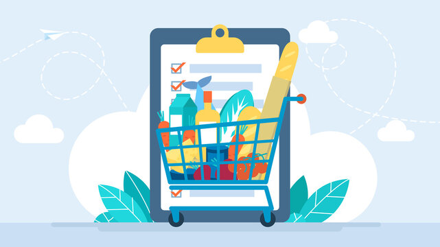 Food shopping list. App for purchase. Folder with records. Self-service supermarket full shopping trolley cart with fresh grocery products. Rational use of resources. Business illustration Flat design
