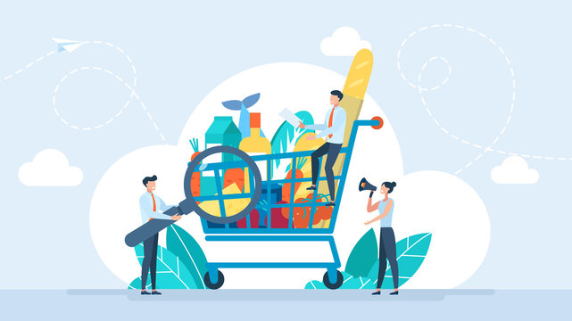 Examination of the quality of food products. Self-service supermarket full shopping trolley cart with fresh grocery products. Tiny people are considering a purchase. Business flat design illustration